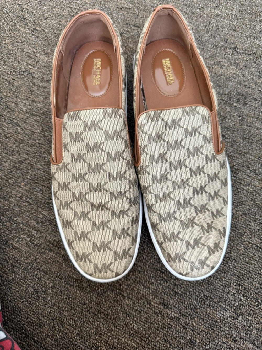 Michael Kors Beige Canvas MK Logo Slip-On Sneakers with Tan Trim
